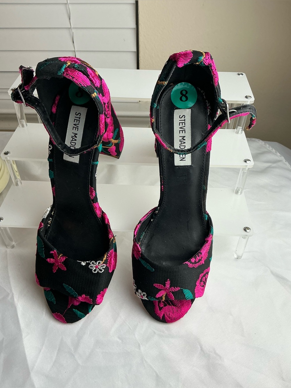Steve Madden Black Floral Ankle-Strap Heels with Pink Embroidery Size 8